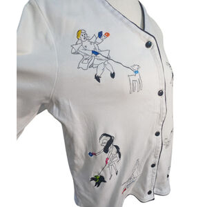 Whimsical Embroidered Dog-Lover Cardigan Artful Cotton Button Front | Women's M